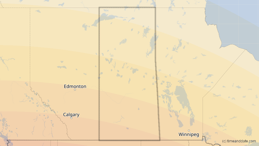 A map of Saskatchewan, Kanada, showing the path of the 12. Aug 2045 Totale Sonnenfinsternis