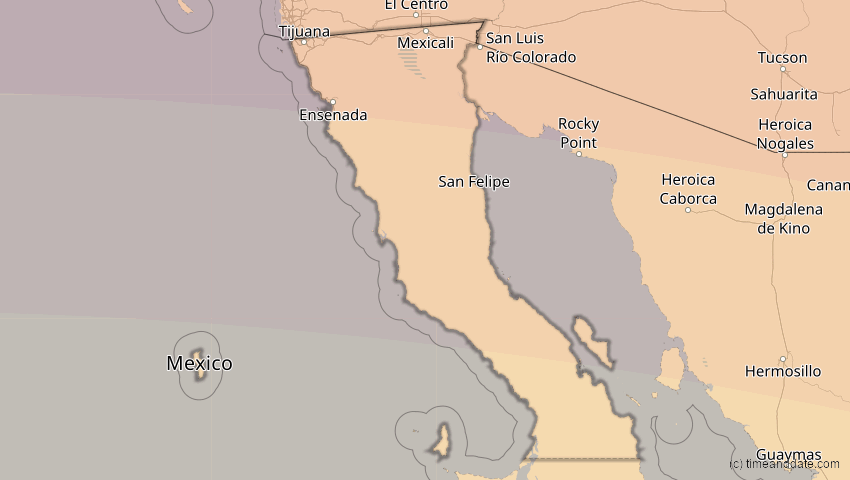 A map of Baja California, Mexiko, showing the path of the 12. Aug 2045 Totale Sonnenfinsternis