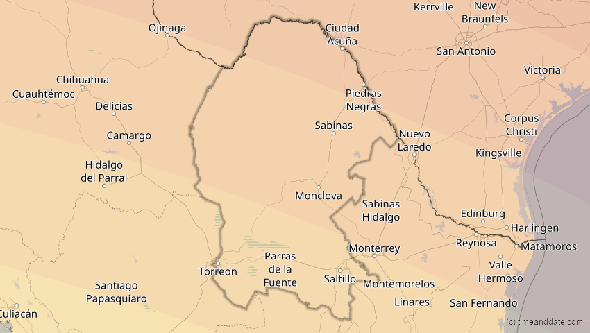 A map of Coahuila, Mexiko, showing the path of the 12. Aug 2045 Totale Sonnenfinsternis