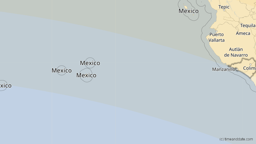 A map of Colima, Mexiko, showing the path of the 12. Aug 2045 Totale Sonnenfinsternis