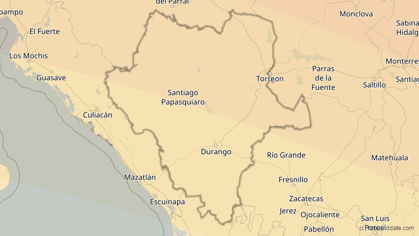 A map of Durango, Mexiko, showing the path of the 12. Aug 2045 Totale Sonnenfinsternis