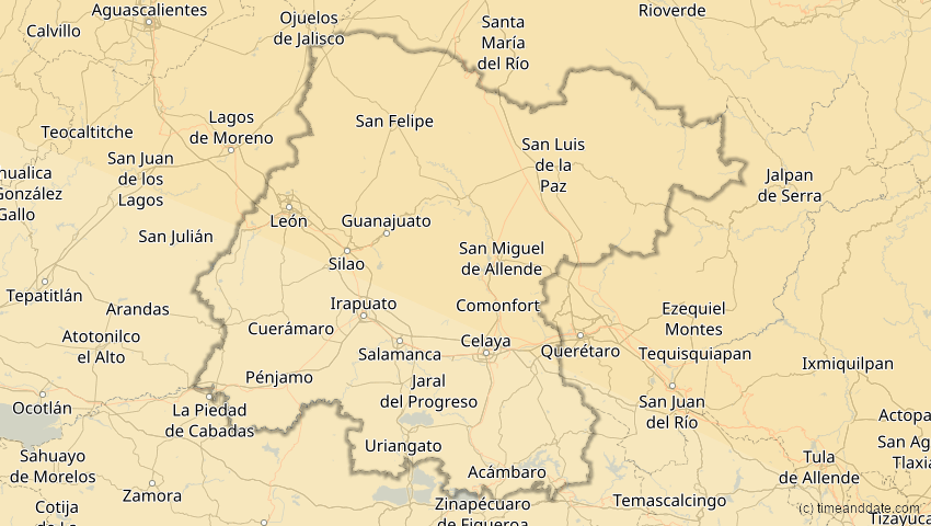 A map of Guanajuato, Mexiko, showing the path of the 12. Aug 2045 Totale Sonnenfinsternis
