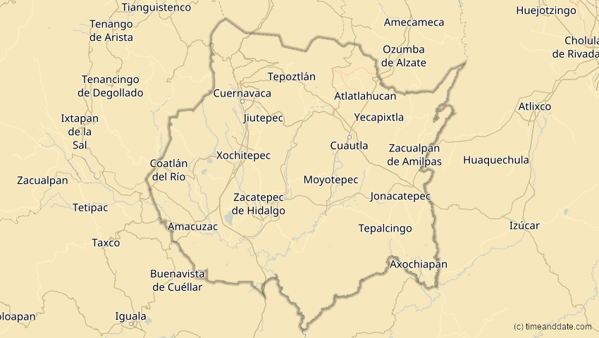 A map of Morelos, Mexiko, showing the path of the 12. Aug 2045 Totale Sonnenfinsternis