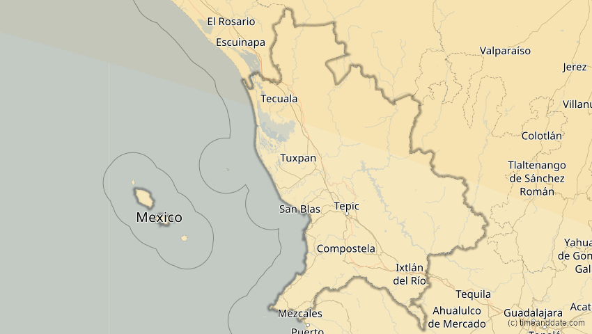 A map of Nayarit, Mexiko, showing the path of the 12. Aug 2045 Totale Sonnenfinsternis