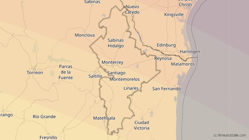 A map of Nuevo León, Mexiko, showing the path of the 12. Aug 2045 Totale Sonnenfinsternis