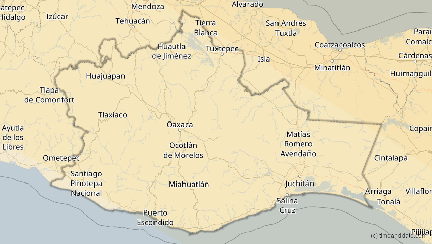 A map of Oaxaca, Mexiko, showing the path of the 12. Aug 2045 Totale Sonnenfinsternis
