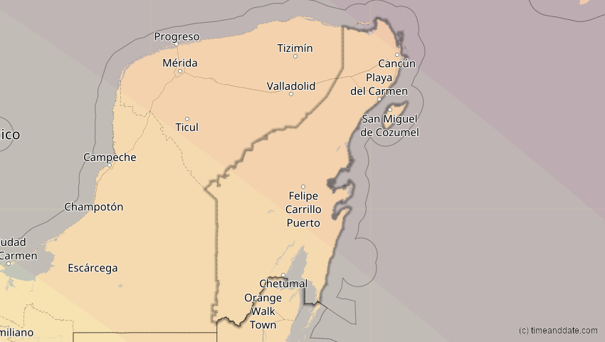 A map of Quintana Roo, Mexiko, showing the path of the 12. Aug 2045 Totale Sonnenfinsternis
