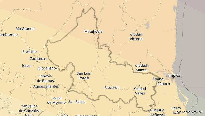 A map of San Luis Potosí, Mexiko, showing the path of the 12. Aug 2045 Totale Sonnenfinsternis