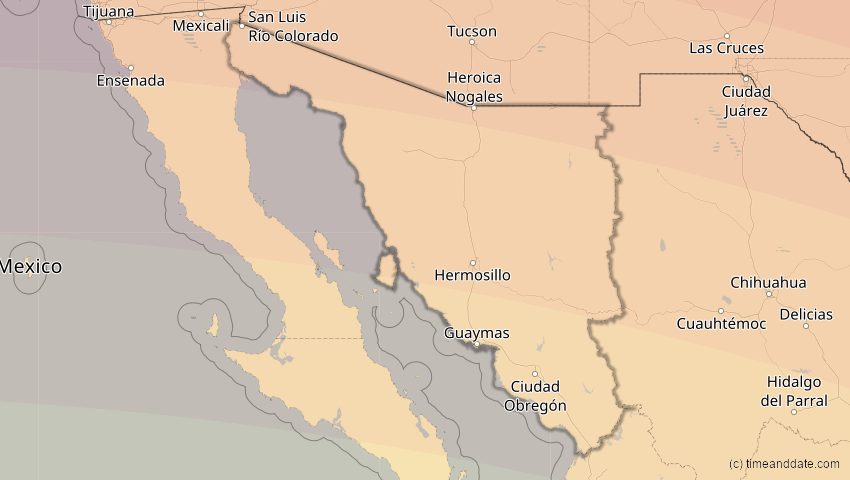 A map of Sonora, Mexiko, showing the path of the 12. Aug 2045 Totale Sonnenfinsternis