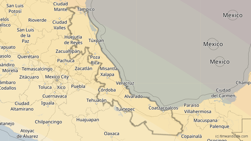 A map of Veracruz, Mexiko, showing the path of the 12. Aug 2045 Totale Sonnenfinsternis