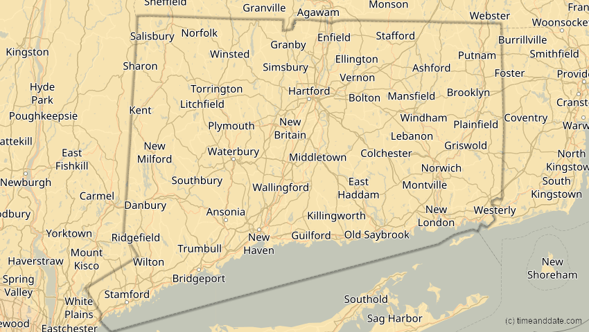A map of Connecticut, USA, showing the path of the 12. Aug 2045 Totale Sonnenfinsternis