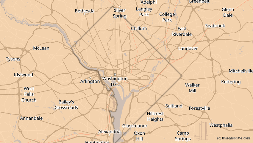 A map of District of Columbia, USA, showing the path of the 12. Aug 2045 Totale Sonnenfinsternis