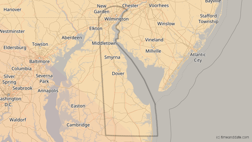A map of Delaware, USA, showing the path of the 12. Aug 2045 Totale Sonnenfinsternis