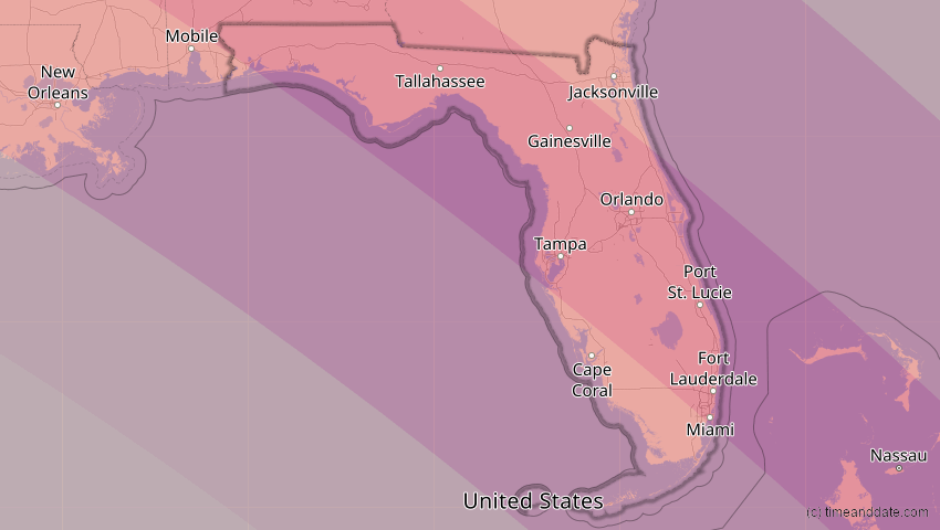 A map of Florida, USA, showing the path of the 12. Aug 2045 Totale Sonnenfinsternis