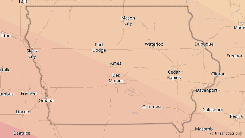 A map of Iowa, USA, showing the path of the 12. Aug 2045 Totale Sonnenfinsternis