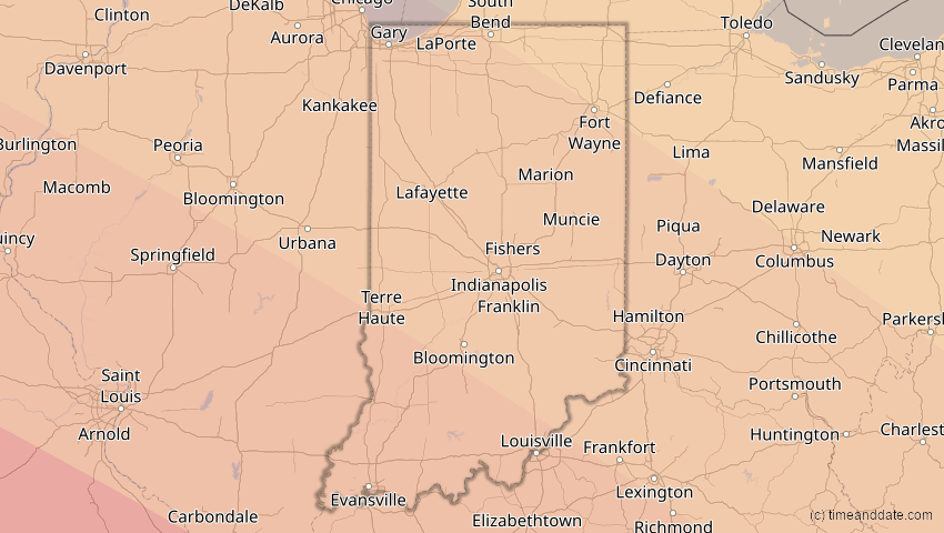 A map of Indiana, USA, showing the path of the 12. Aug 2045 Totale Sonnenfinsternis