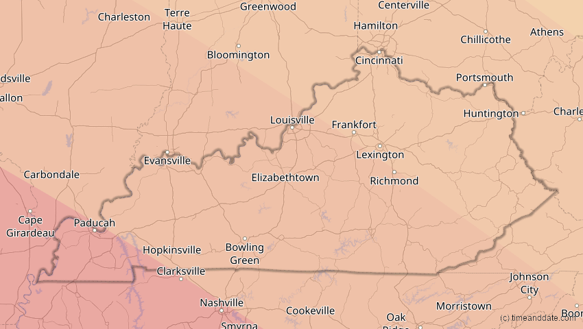 A map of Kentucky, USA, showing the path of the 12. Aug 2045 Totale Sonnenfinsternis