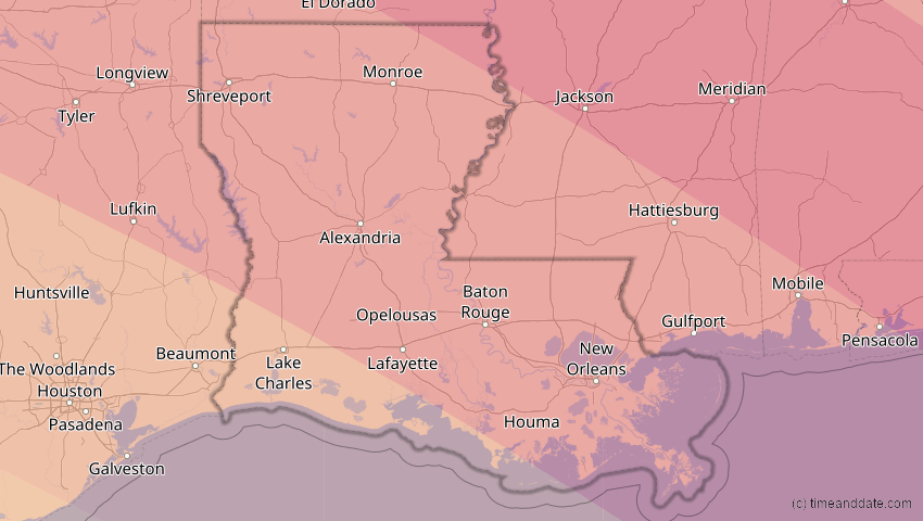 A map of Louisiana, USA, showing the path of the 12. Aug 2045 Totale Sonnenfinsternis