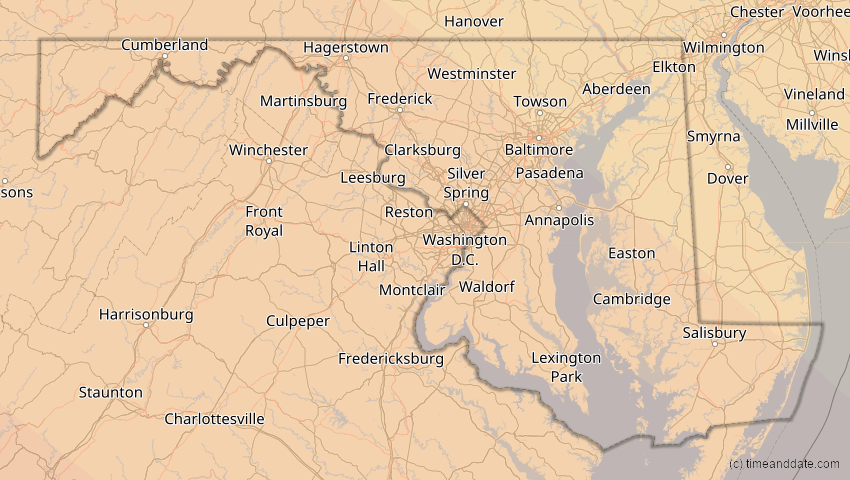 A map of Maryland, USA, showing the path of the 12. Aug 2045 Totale Sonnenfinsternis