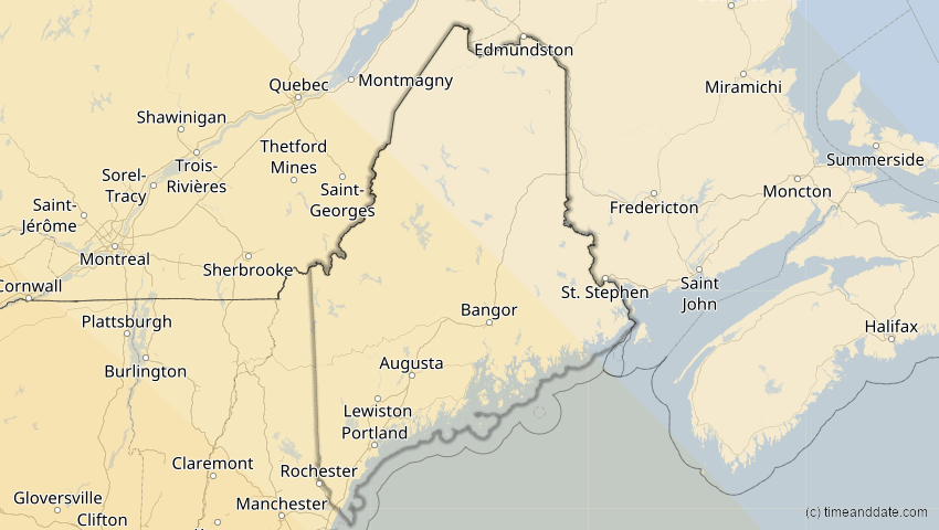 A map of Maine, USA, showing the path of the 12. Aug 2045 Totale Sonnenfinsternis