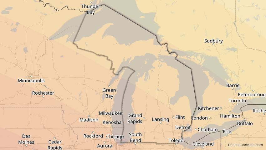 A map of Michigan, USA, showing the path of the 12. Aug 2045 Totale Sonnenfinsternis