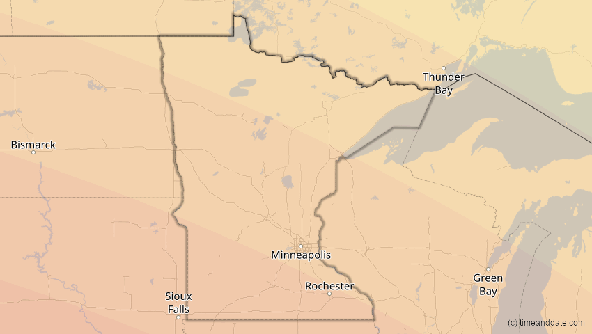 A map of Minnesota, USA, showing the path of the 12. Aug 2045 Totale Sonnenfinsternis