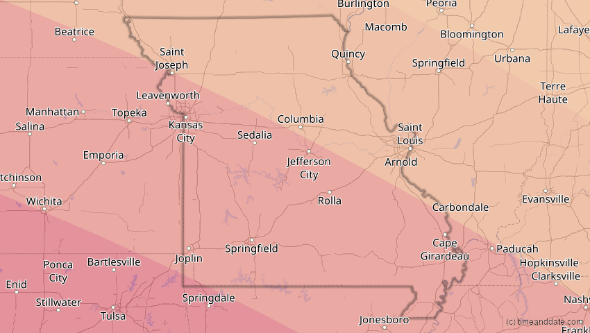 A map of Missouri, USA, showing the path of the 12. Aug 2045 Totale Sonnenfinsternis