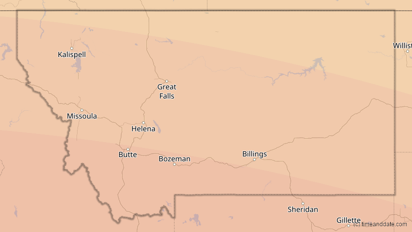 A map of Montana, USA, showing the path of the 12. Aug 2045 Totale Sonnenfinsternis