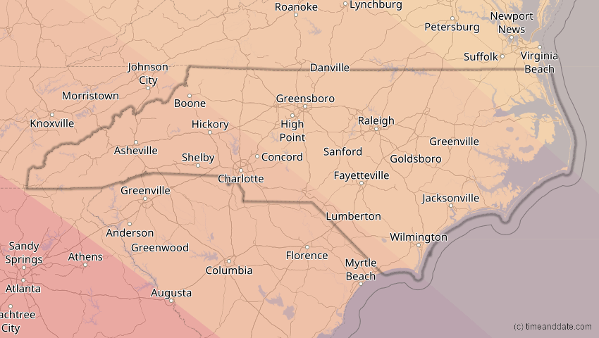 A map of North Carolina, USA, showing the path of the 12. Aug 2045 Totale Sonnenfinsternis
