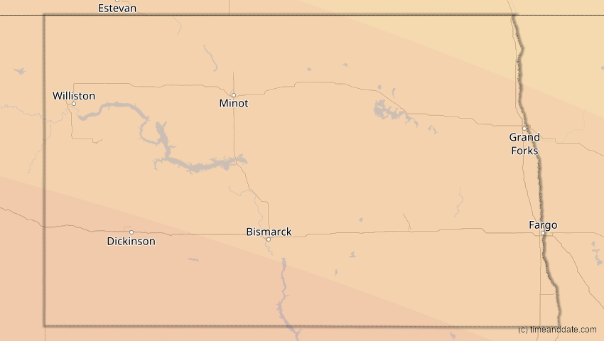 A map of North Dakota, USA, showing the path of the 12. Aug 2045 Totale Sonnenfinsternis