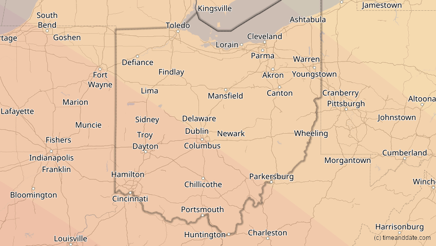 A map of Ohio, USA, showing the path of the 12. Aug 2045 Totale Sonnenfinsternis