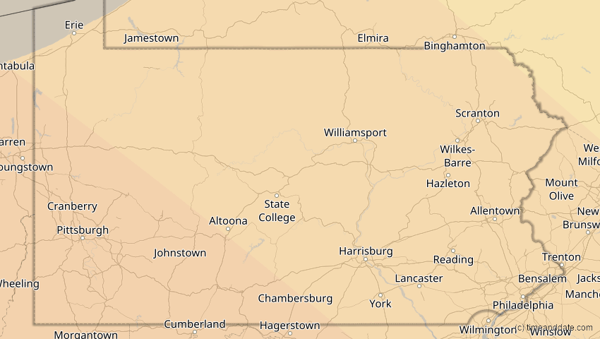 A map of Pennsylvania, USA, showing the path of the 12. Aug 2045 Totale Sonnenfinsternis
