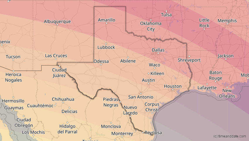 A map of Texas, USA, showing the path of the 12. Aug 2045 Totale Sonnenfinsternis