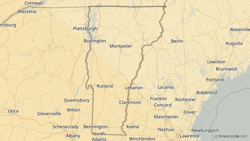 A map of Vermont, USA, showing the path of the 12. Aug 2045 Totale Sonnenfinsternis