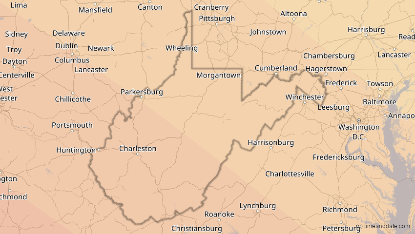 A map of West Virginia, USA, showing the path of the 12. Aug 2045 Totale Sonnenfinsternis