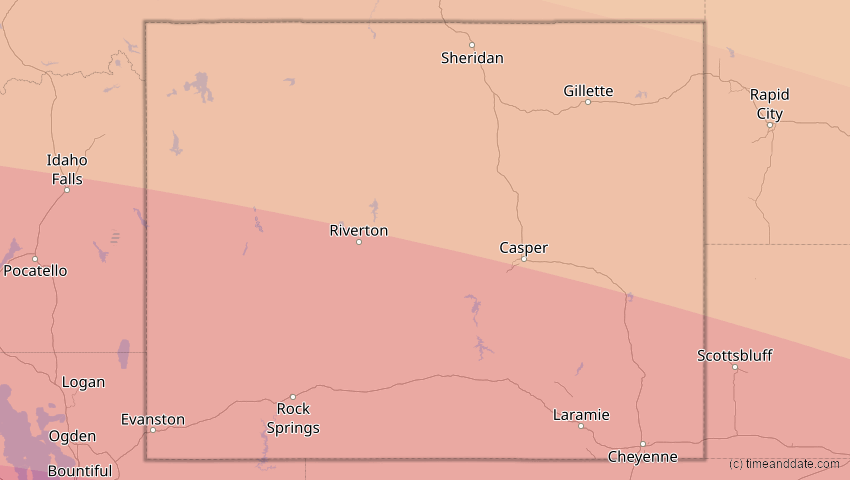 A map of Wyoming, USA, showing the path of the 12. Aug 2045 Totale Sonnenfinsternis