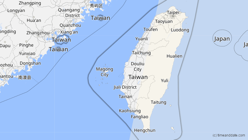A map of Taiwan, showing the path of the 6. Feb 2046 Ringförmige Sonnenfinsternis