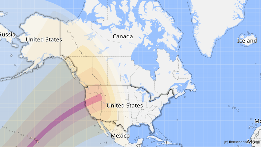 A map of USA, showing the path of the 5. Feb 2046 Ringförmige Sonnenfinsternis