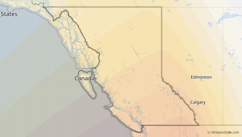 A map of British Columbia, Kanada, showing the path of the 5. Feb 2046 Ringförmige Sonnenfinsternis
