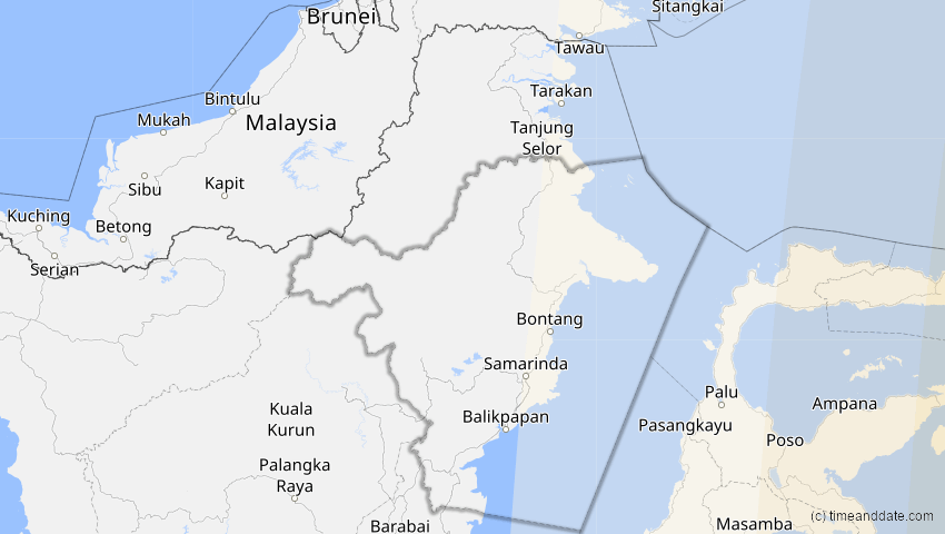 A map of Kalimantan Timur, Indonesien, showing the path of the 6. Feb 2046 Ringförmige Sonnenfinsternis