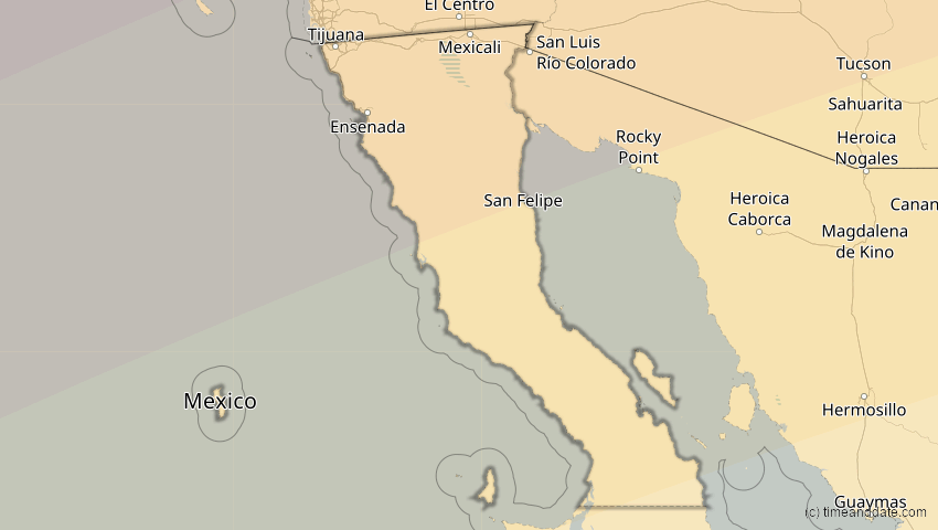 A map of Baja California, Mexiko, showing the path of the 5. Feb 2046 Ringförmige Sonnenfinsternis