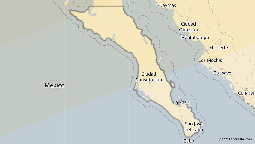 A map of Baja California Sur, Mexiko, showing the path of the 5. Feb 2046 Ringförmige Sonnenfinsternis