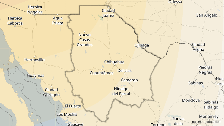 A map of Chihuahua, Mexiko, showing the path of the 5. Feb 2046 Ringförmige Sonnenfinsternis