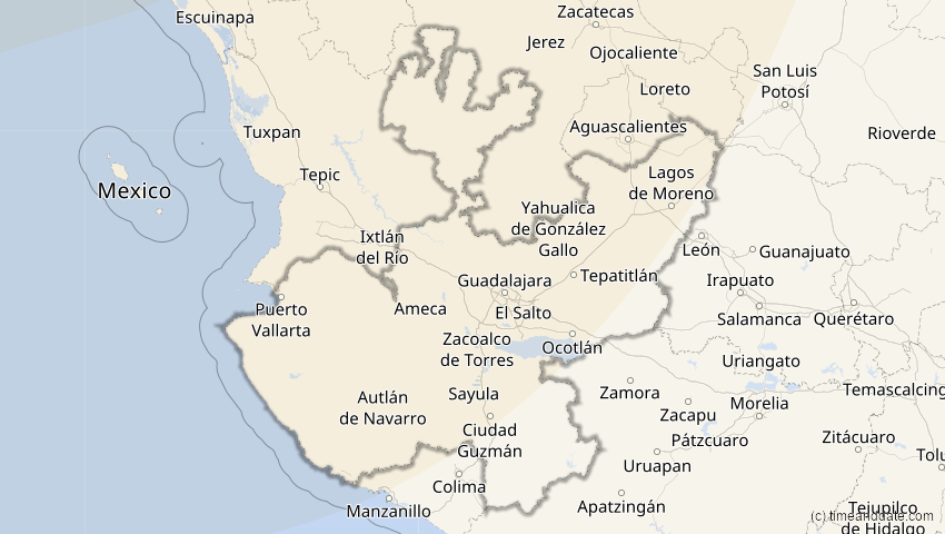 A map of Jalisco, Mexiko, showing the path of the 5. Feb 2046 Ringförmige Sonnenfinsternis