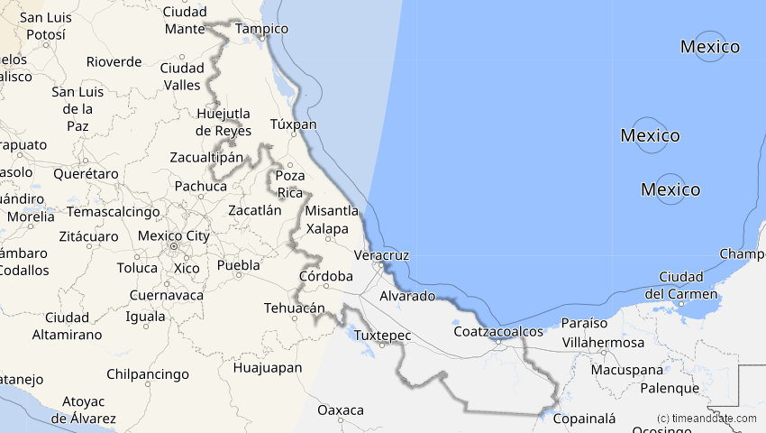 A map of Veracruz, Mexiko, showing the path of the 5. Feb 2046 Ringförmige Sonnenfinsternis