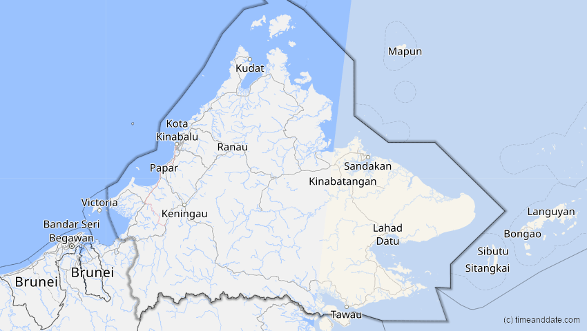 A map of Sabah, Malaysia, showing the path of the 6. Feb 2046 Ringförmige Sonnenfinsternis