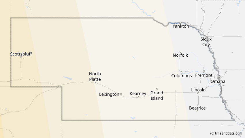 A map of Nebraska, USA, showing the path of the 5. Feb 2046 Ringförmige Sonnenfinsternis