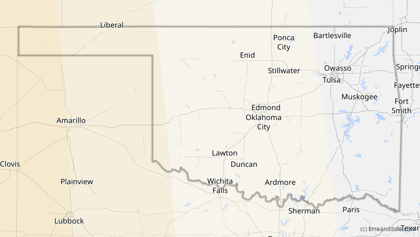 A map of Oklahoma, USA, showing the path of the 5. Feb 2046 Ringförmige Sonnenfinsternis