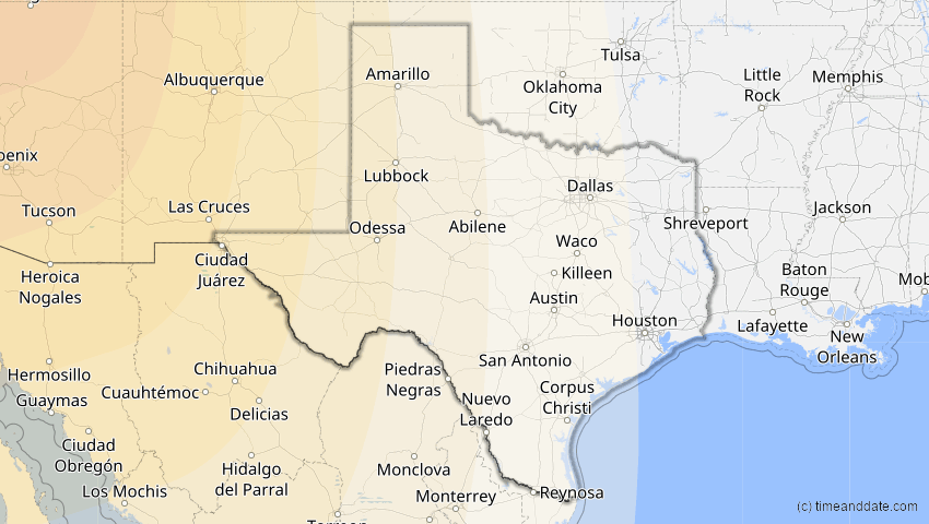 A map of Texas, USA, showing the path of the 5. Feb 2046 Ringförmige Sonnenfinsternis