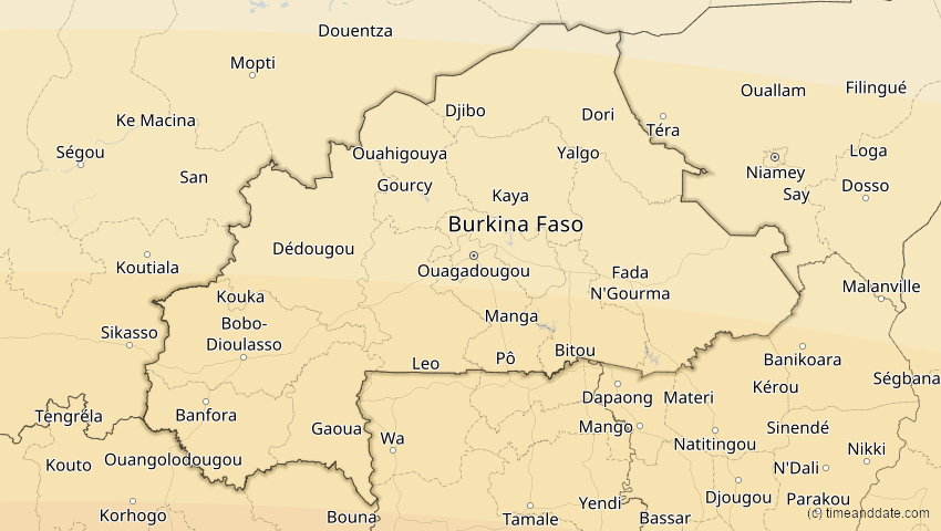A map of Burkina Faso, showing the path of the 2. Aug 2046 Totale Sonnenfinsternis